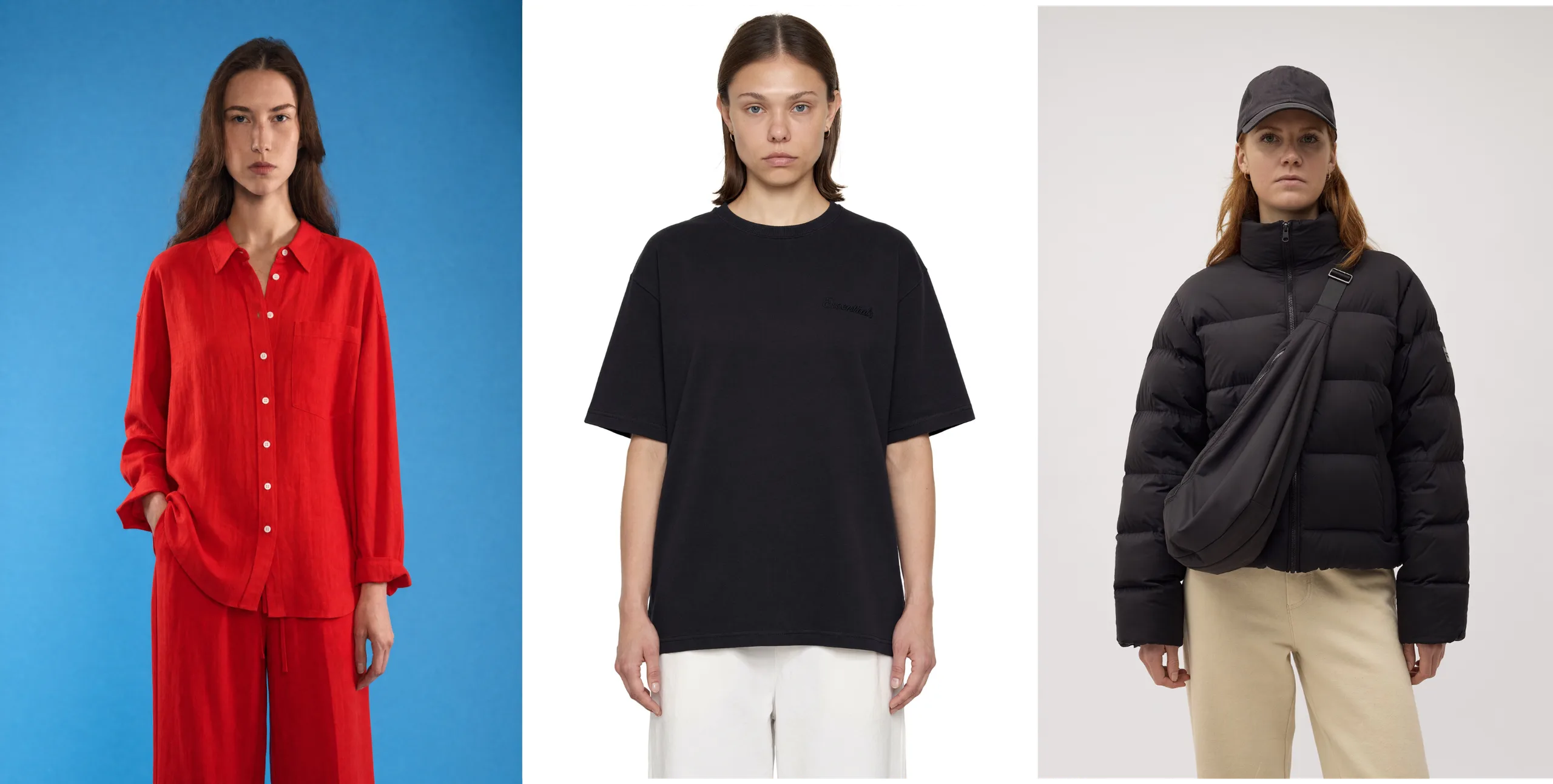 Three studio looks side by side: a red linen shirt and wide trousers on blue, a black oversized tee with white sweatpants on white, and a black puffer jacket with a grey cap on light grey