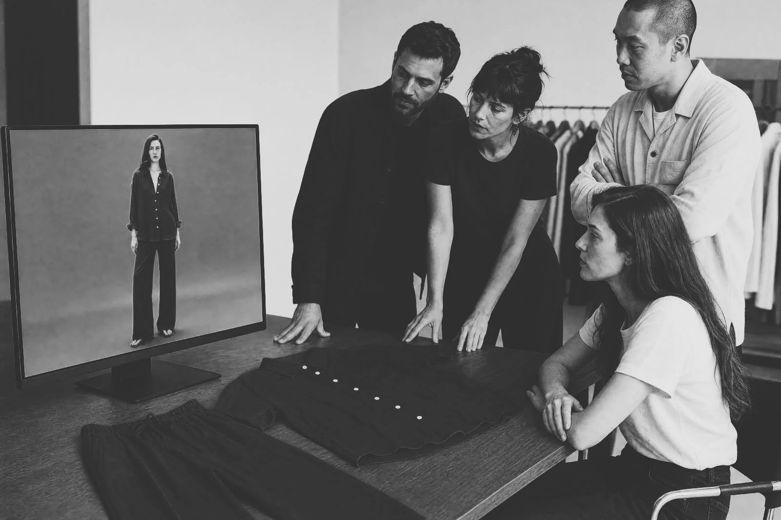 El equipo de una marca reunido alrededor de una mesa de showroom: en el monitor, una modelo con la camisa y el pantalon rojos que estan apoyados sobre la mesa