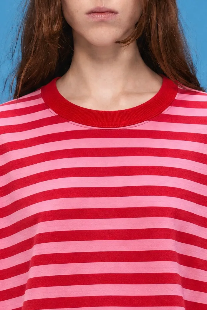 Delucca Spring Collection: close-up of a red and pink striped top