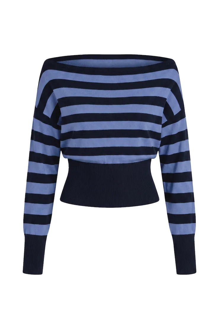 The blue striped off-the-shoulder knit shown on its own