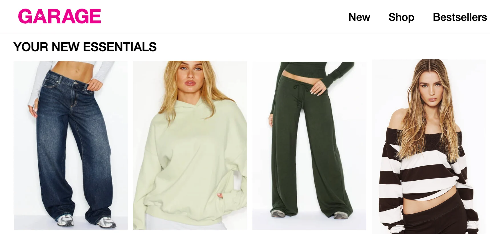 Garage Clothing storefront mock-up: the Your New Essentials carousel with a Taliya on-model photo in the last slot