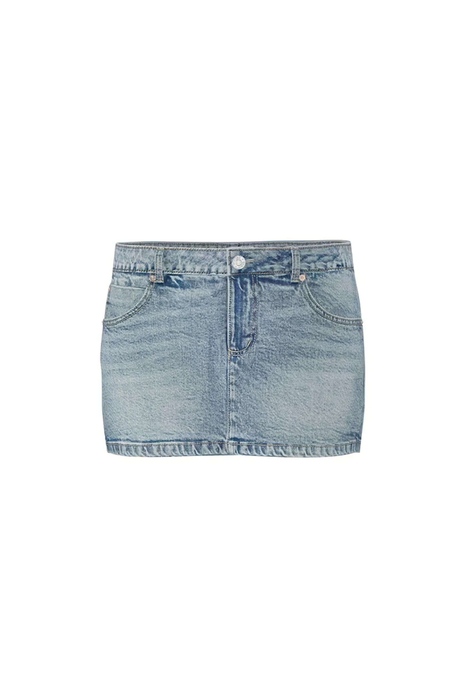 Light-wash denim mini skirt, shown on its own