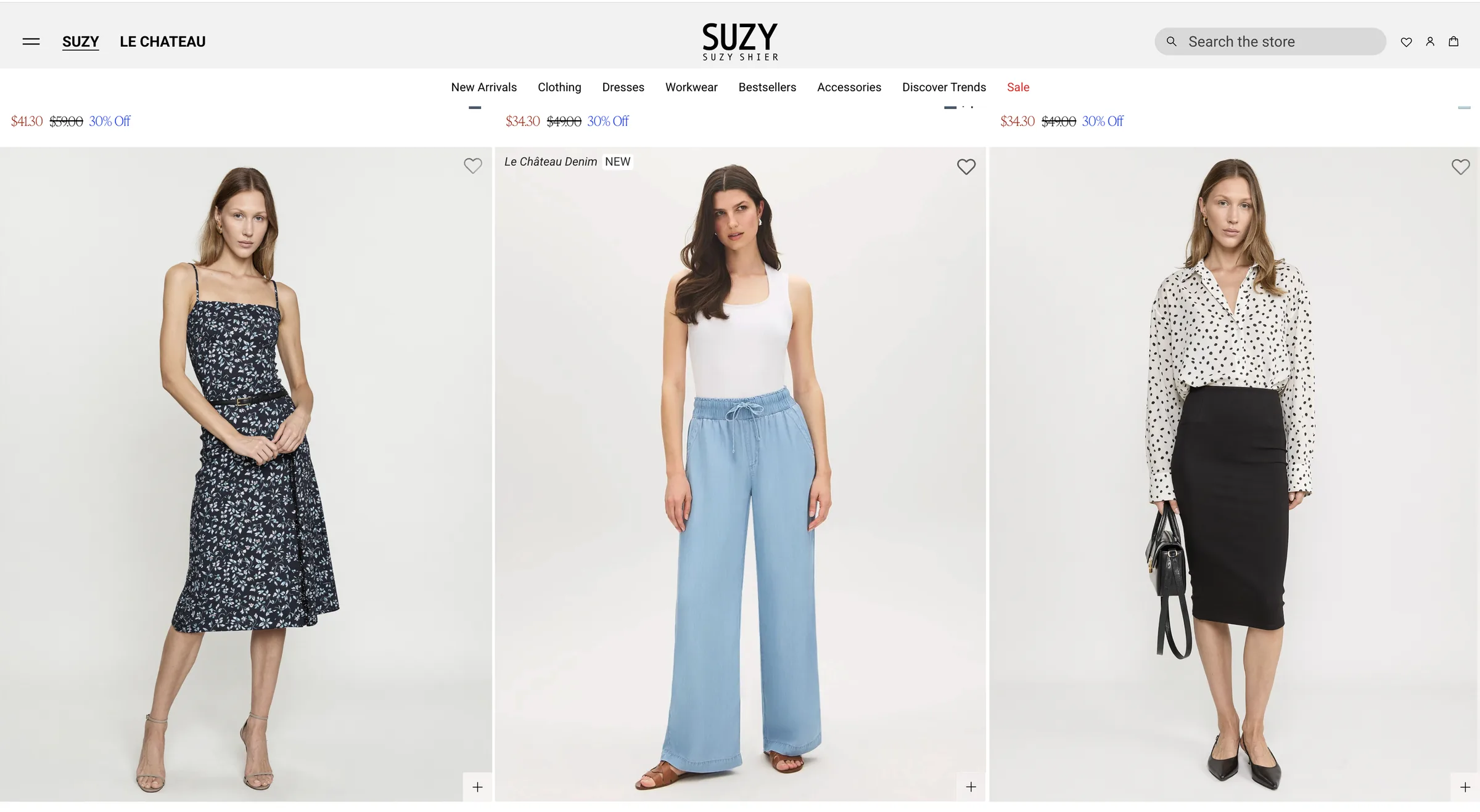 Suzy Shier product listing with three items: a navy floral dress, light blue trousers and a polka-dot shirt with a black skirt