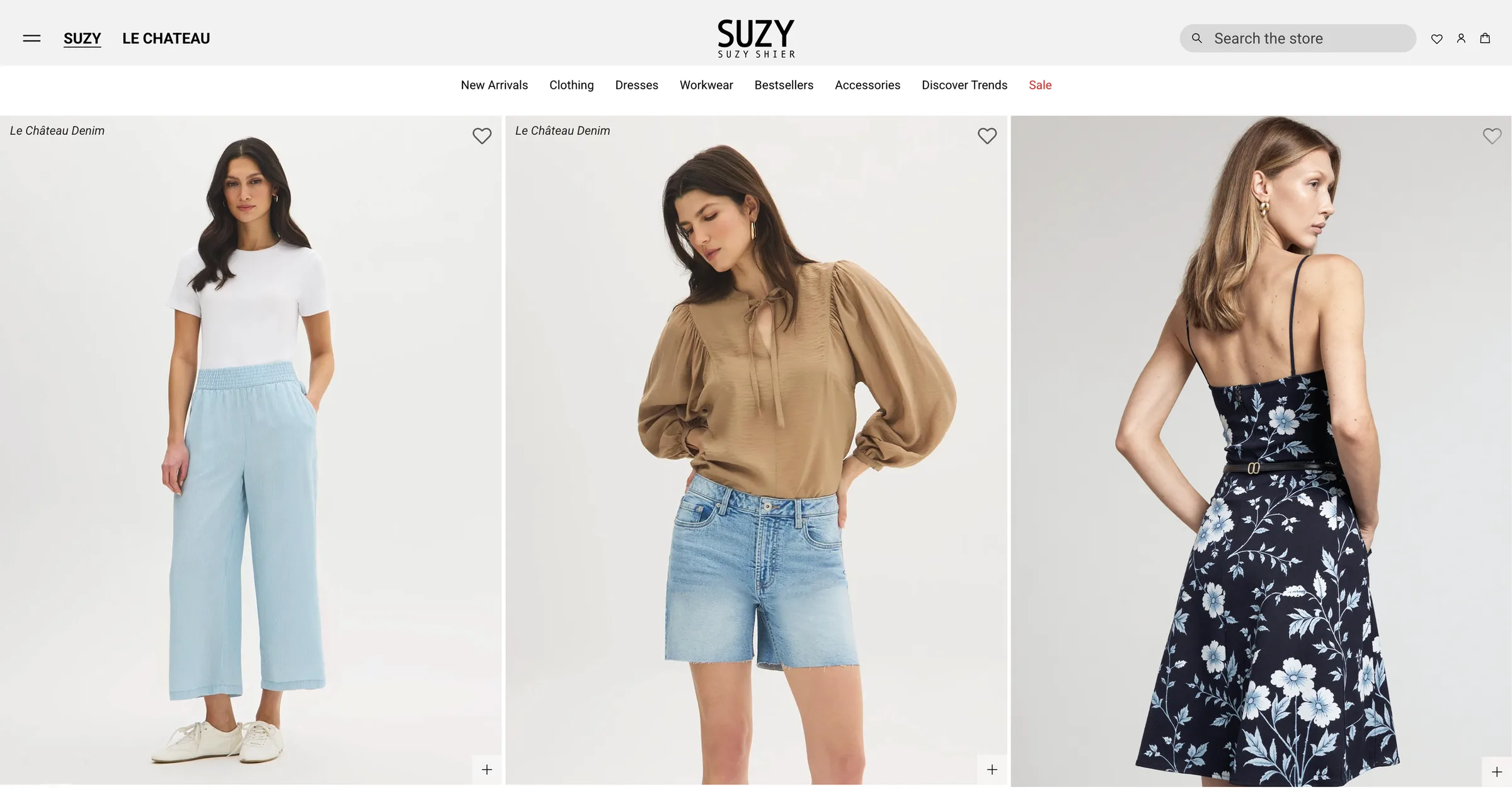 Suzy Shier product listing with three items: light blue trousers, a tan blouse with denim shorts and the navy floral dress seen from behind